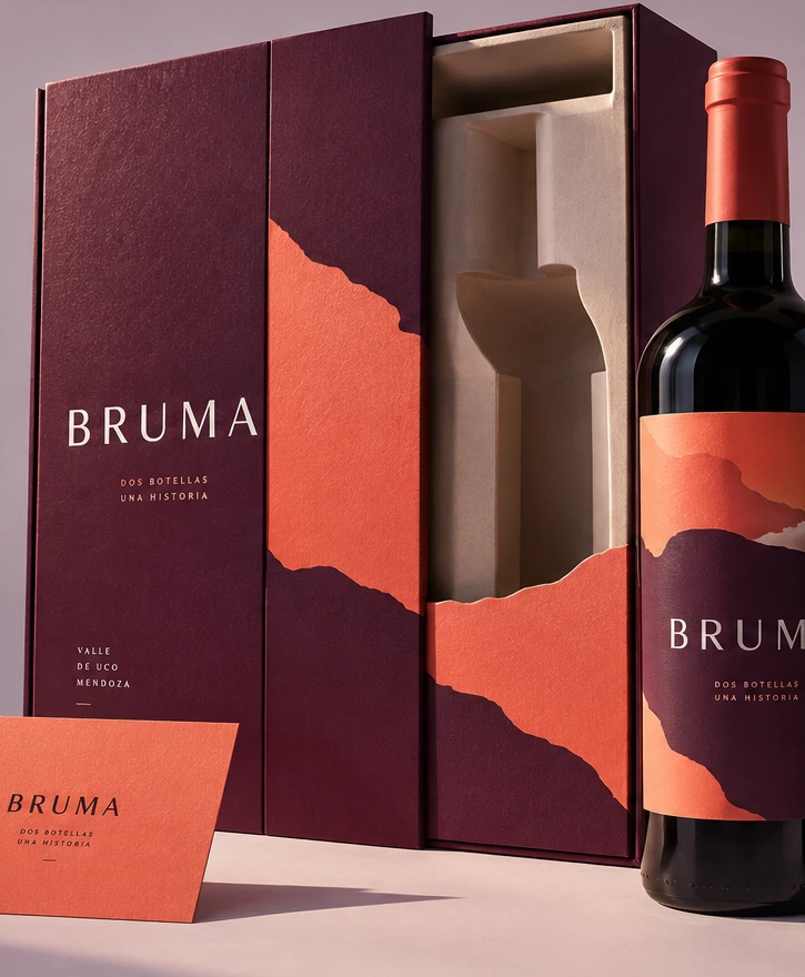 Detalle del concepto Bruma, con gráfica coral y papel ciruela. Imagen generada.