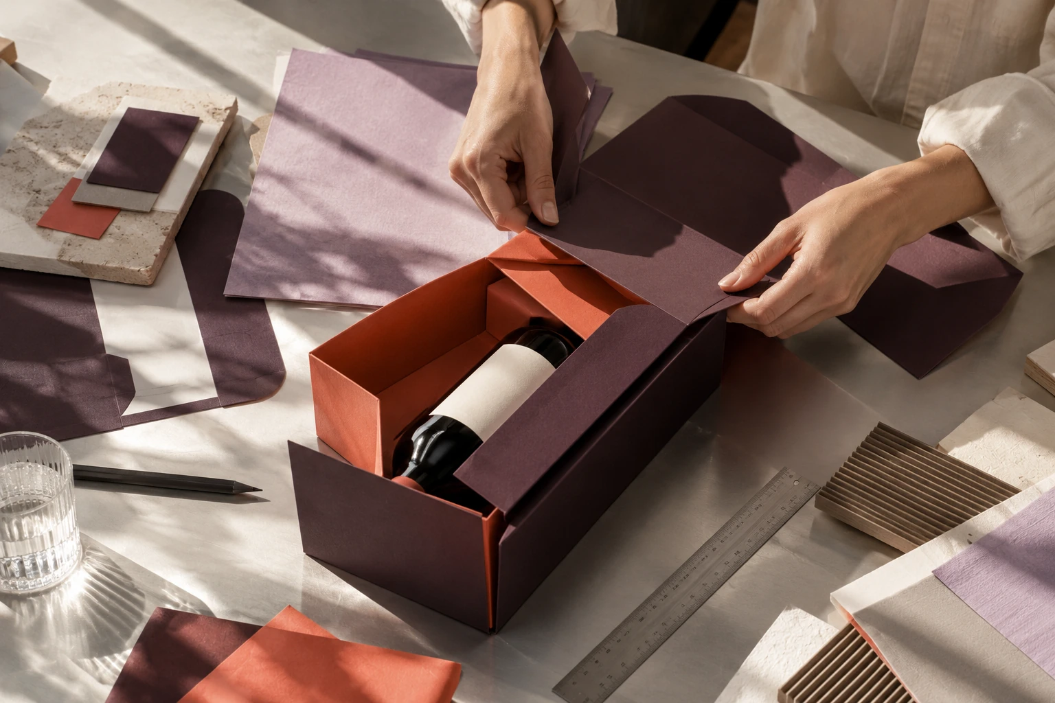 Escena conceptual de manos plegando un estuche, con muestras y herramientas. Imagen generada, no fotografía del equipo.