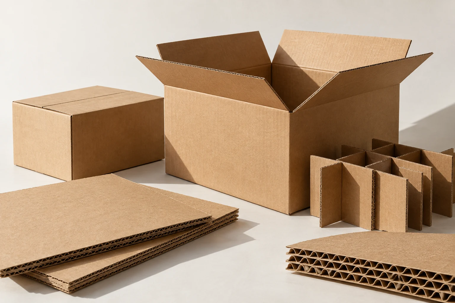 Visualización conceptual de cajas, planchas y separadores de cartón ondulado sin impresión.